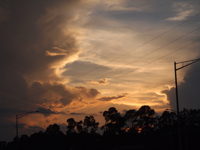 [This image is more than 75% sky with just a line of tree silhouette in the lower right corner. On the left side is a thick dark cloud the length of the image. There is also a dark cloud in the lower right corner. In the middle is an open expanse of very light sky with bits and wisps of clouds in it.]